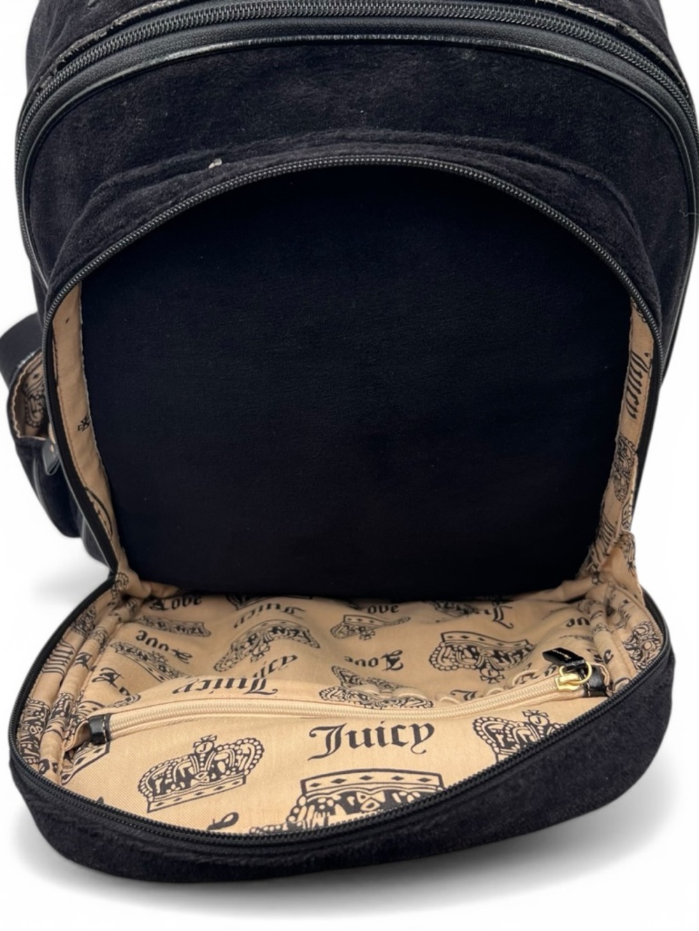 Juicy Couture Vintage Y2K Black Velour Backpack Embroidered Floral Crest Logo - Picture 10 of 13